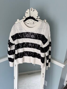 Evereve White and Black Striped Sequin Cable Knit Crew Sweater